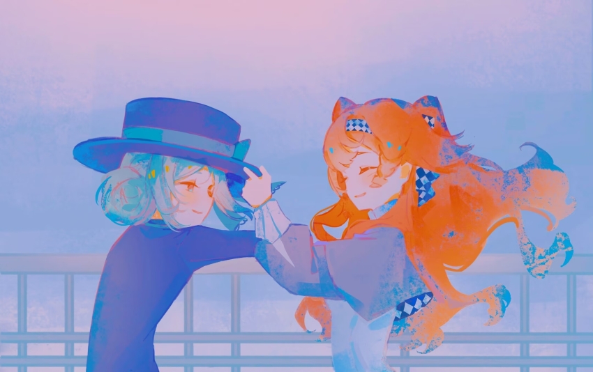 2girls ^_^ adjusting_clothes adjusting_headwear blue_bow boater_hat bow checkered_hairband closed_eyes coat face-to-face from_side grey_cloak grey_eyes grey_hair hair_bun hairband hand_on_headwear hat hat_bow highres looking_at_another multiple_girls orange_hair profile purple_background purple_coat purple_hat qiepupu railing reverse:1999 single_side_bun smile sonetto_(reverse:1999) two_side_up vertin_(reverse:1999)