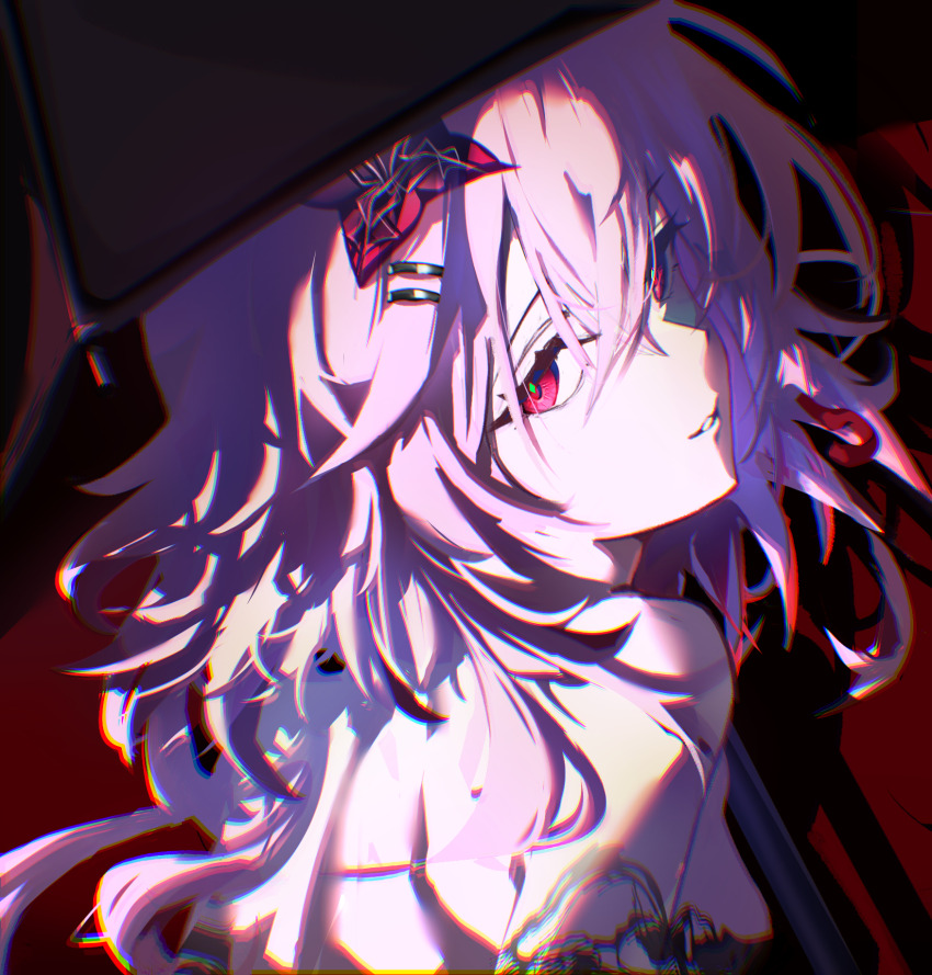 1girl bare_shoulders commentary_request earrings evernight_(honkai:_star_rail) flower hair_between_eyes hair_flower hair_ornament hairclip highres honkai:_star_rail honkai_(series) jewelry kario looking_at_viewer march_7th_(honkai:_star_rail) mixed-language_commentary parallel_hairclips pink_hair red_background red_eyes single_earring smile umbrella