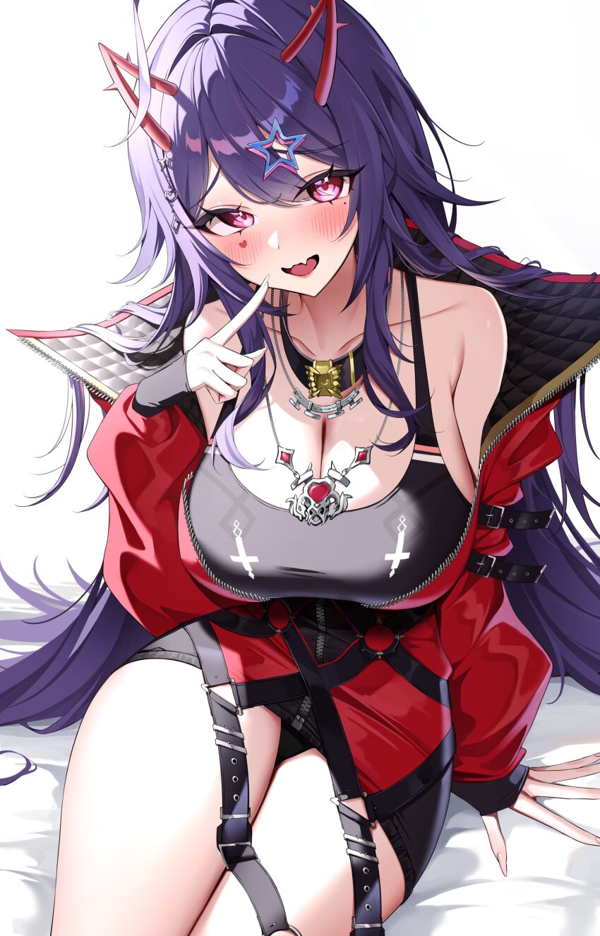 1girl absurdres ahoge akuma_nihmune akuma_nihmune_(casual) arm_support bare_shoulders bed_sheet belt belt_buckle black_tank_top blush breasts buckle cleavage collar collarbone demon_girl demon_horns detached_horns double-parted_bangs eyelashes facial_mark fake_horns fang finger_to_cheek fingernails from_above gawawawa gem hair_ornament hair_over_shoulder heart heart_facial_mark highres horns index_finger_raised indie_virtual_youtuber jacket jewelry large_breasts lips long_hair long_sleeves looking_at_viewer messy_hair mole mole_under_eye multiple_necklaces necklace no_pants on_bed open_mouth partially_unzipped pink_eyes purple_hair quilted_jacket red_gemstone red_jacket sharp_fingernails sitting skin_fang sleeve_belt sleeves_past_wrists smile solo star_(symbol) star_hair_ornament tank_top virtual_youtuber
