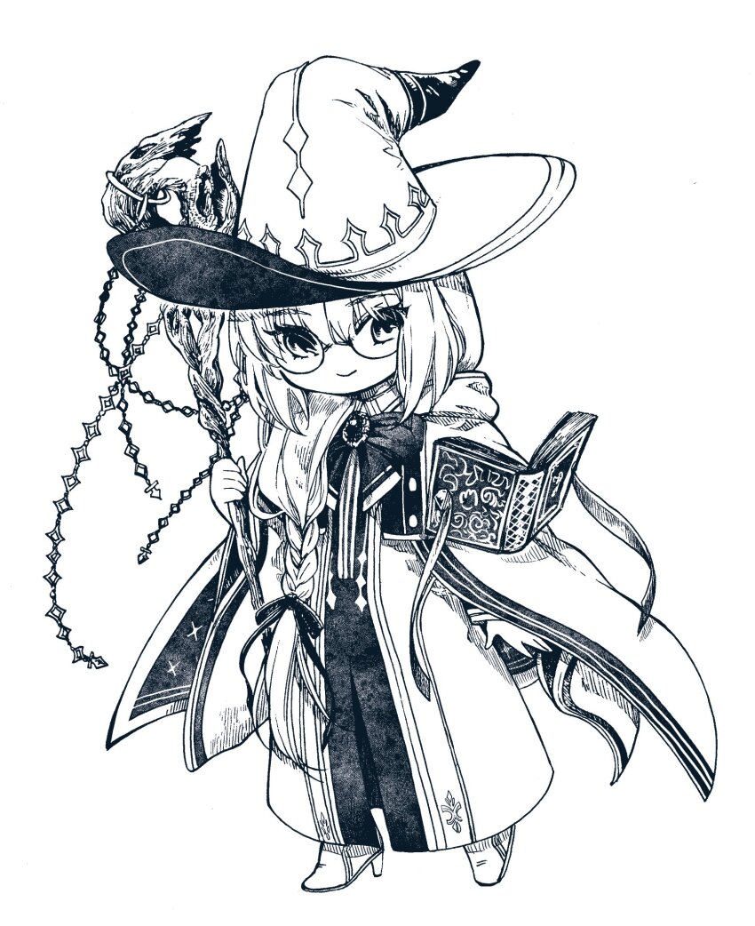1girl aesc_(fate) aesc_(rain_witch)_(fate) book fate/grand_order fate_(series) full_body glasses hair_between_eyes hat highres long_hair mame_nabe_donko smile solo staff standing witch witch_hat