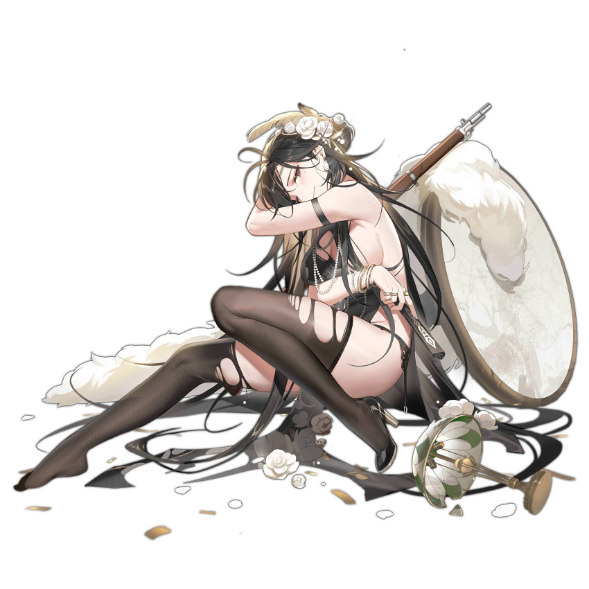 1girl arm_under_breasts armband bahao_diqiu black_armband black_dress black_hair black_shoes black_thighhighs bracelet breasts broken brown_eyes china_dress chinese_clothes cleavage confetti desk_lamp dress earrings feather_hair_ornament feathers floral_print floral_print_dress flower folding_fan full_body fur_shawl garter_belt garter_straps general_liu_(beauty_in_the_east)_(girls&#039;_frontline) general_liu_(girls&#039;_frontline) general_liu_rifle girls&#039;_frontline hair_flower hair_ornament hand_fan high_heels highres holding holding_fan jewelry lamp large_breasts light_smile long_hair mole mole_under_eye multiple_rings necklace official_alternate_costume official_art one_eye_closed pearl_bracelet pearl_necklace petals print_dress ring rose shawl shoes sideboob simple_background single_shoe sitting solo table thighhighs third-party_source torn_clothes torn_dress torn_thighhighs transparent_background very_long_hair white_flower white_rose