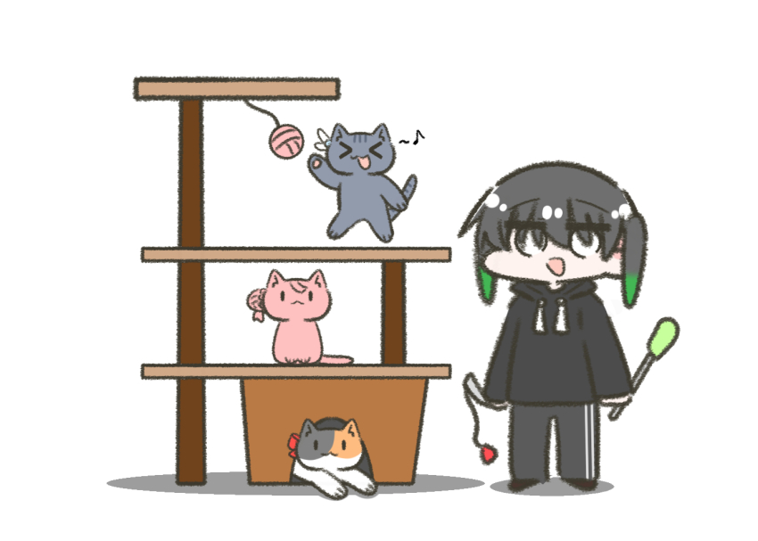 &gt;_&lt; 1girl :3 :d animal animalization azuna_(love_live!) black_hair black_hoodie black_pants calico cat cat_tower closed_mouth commentary english_commentary full_body gradient_hair green_hair hair_between_eyes holding_cat_teaser hood hoodie love_live! love_live!_nijigasaki_high_school_idol_club medium_hair multicolored_hair multiple_cats open_mouth osaka_shizuku pants rearing smile standing takasaki_yu tjdudtjghd twintails uehara_ayumu white_background x3 xd yuki_setsuna
