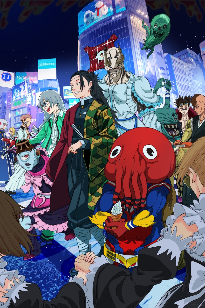 6+boys absurdres all_might all_might_(cosplay) amestris_military_uniform black_hair bleach blue_eyes boku_no_hero_academia brown_hair building character_request choso_(jujutsu_kaisen) copyright_request cosplay cure_black cure_black_(cosplay) cure_white cure_white_(cosplay) dagon_(jujutsu_kaisen) detached_sleeves eso_(jujutsu_kaisen) eustass_kid eustass_kid_(cosplay) fullmetal_alchemist futari_wa_precure getou_suguru getou_suguru_(kenjaku) grey_hair grimmjow_jaegerjaquez grimmjow_jaegerjaquez_(cosplay) hanami_(jujutsu_kaisen) highres jogo_(jujutsu_kaisen) jujutsu_kaisen kaidou_shun kaidou_shun_(cosplay) katana kechizu_(jujutsu_kaisen) kimetsu_no_yaiba long_hair long_sleeves mahito_(jujutsu_kaisen) maid meme mimiko_(jujutsu_kaisen) multiple_boys namiko night one_piece open_mouth outdoors pink_hair precure ram_(re:zero) ram_(re:zero)_(cosplay) re:zero_kara_hajimeru_isekai_seikatsu rem_(re:zero) rem_(re:zero)_(cosplay) ryoumen_sukuna_(jujutsu_kaisen) saiki_kusuo_no_psi_nan shihakusho shinso_hitoshi_(cosplay) shinso_hitoshi smile sword tanjirou_disgusted_face_(meme) tokishima_sikuka tomioka_giyuu tomioka_giyuu_(cosplay) unconventional_maid uraume_(jujutsu_kaisen) usopp usopp_(cosplay) weapon wide_sleeves