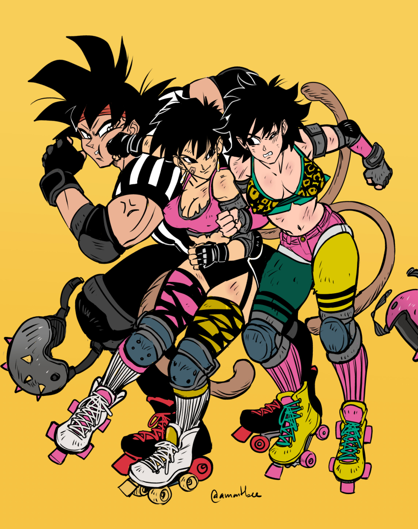 1boy amartbee bardock black_eyes black_hair breasts dragon_ball dragonball_z earrings elbow_pads fingerless_gloves full_body gine gloves headband highres jewelry knee_pads leotard monkey_tail multiple_girls muscular muscular_male open_mouth roller_skates saiyan seripa short_hair simple_background skates skating smile spiked_hair tail thighhighs