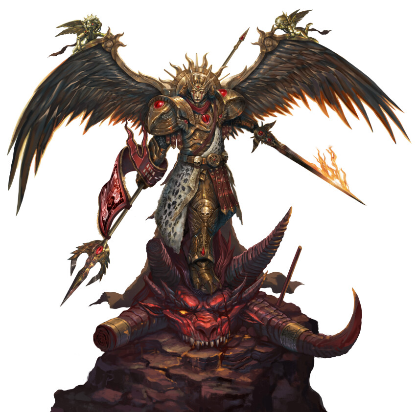 1boy absurdres angel_wings armor asymmetrical_dual_wielding banner blade_encarmine blonde_hair blood_angels broken_horns chaos_(warhammer) cherub demon demon_horns dual_wielding eyes_of_horus_(warhammer_40k) fire flaming_sword flaming_weapon gem glowing glowing_eyes gold gold_armor halo highres holding holding_weapon horns kheljay leopard_pelt long_hair mask multiple_horns no_pupils one-eyed ornate ornate_armor ornate_weapon pauldrons pelt power_armor primarch red_eyes red_gemstone sanguinius sharp_teeth shoulder_armor simple_background spear_of_telesto sword teardrop-shaped_gem teeth warhammer_40k weapon white_background wings yellow_eyes
