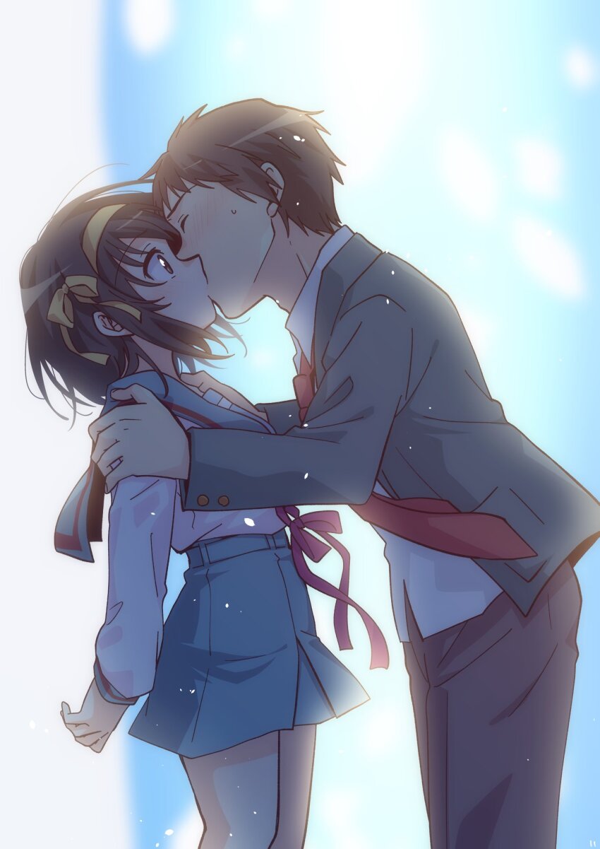 1girl blazer blue_sailor_collar blue_skirt brown_eyes brown_hair brown_pants celestial_(suzumiya_haruhi) closed_eyes collared_shirt commentary_request from_side green_jacket hair_ribbon hairband hands_on_another&#039;s_shoulders highres jacket kiss kita_high_school_uniform kyon long_sleeves looking_at_another medium_hair necktie open_clothes open_jacket pants red_necktie red_ribbon ribbon sailor_collar school_uniform serafuku shirt short_hair skirt standing surprised suzumiya_haruhi suzumiya_haruhi_no_yuuutsu taiki_(6240taiki) untucked_shirt white_shirt winter_uniform yellow_hairband yellow_ribbon
