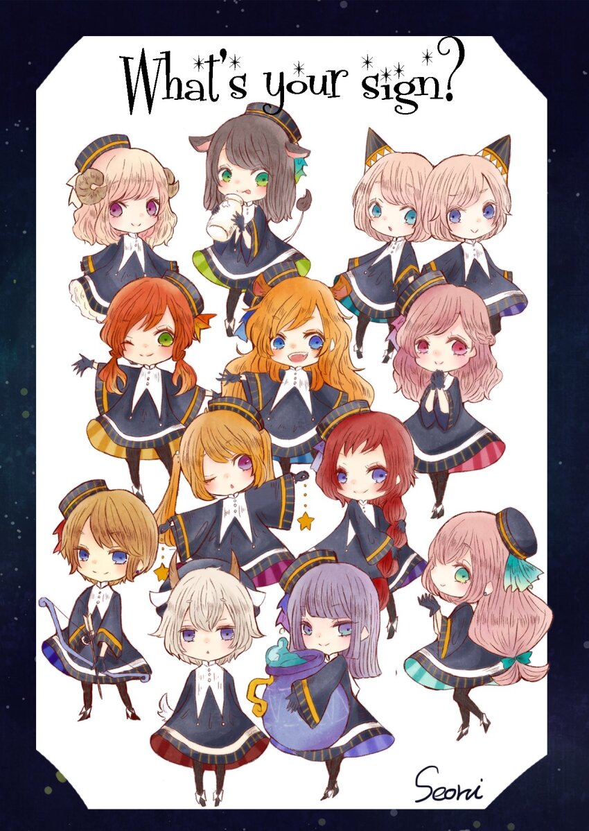 6+girls animal_ears aquarius_(zodiac) aries_(zodiac) arms_behind_back arrow_(projectile) black_dress black_footwear black_gloves black_pantyhose blonde_hair blue_dress blue_eyes blue_gloves blue_hat blush border bow_(weapon) braid brown_hair cancer_(zodiac) capricorn_(zodiac) cerika closed_mouth cow_ears cow_girl cow_tail cup dot_nose drawing_bow dress earrings english_text eyelashes fangs full_body gemini_(zodiac) gloves goat_ears goat_horns goat_tail green_eyes hair_between_eyes hat highres holding holding_bow_(weapon) holding_cup holding_hands holding_jug holding_weapon horns jewelry leo_(zodiac) libra_(zodiac) licking_lips lion_ears lion_girl lion_tail long_braid long_hair long_sleeves looking_at_viewer milk multiple_girls one_eye_closed open_mouth orange_hair original outstretched_arm outstretched_arms own_hands_clasped own_hands_together pantyhose pink_eyes pink_hair pisces_(zodiac) purple_background purple_eyes purple_hair red_hair sagittarius_(zodiac) scorpio_(zodiac) sheep_horns short_hair siblings smile sparkle split_mouth spread_arms standing star_(symbol) striped_clothes striped_headwear tail taurus_(zodiac) tongue tongue_out triangle_mouth twins twintails very_long_hair virgo_(zodiac) water weapon white_hair wide_sleeves zodiac