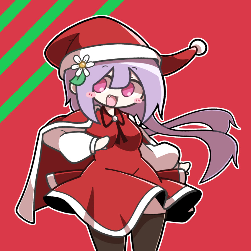 1girl baek_ban black_thighhighs blush_stickers breasts cape collared_dress dress flat_chest hair_between_eyes hat long_hair long_sleeves medium_breasts outline pink_hair purple_hair red_background red_cape red_dress red_hat santa_costume santa_hat solo thighhighs touhou tsukumo_benben white_outline white_trim
