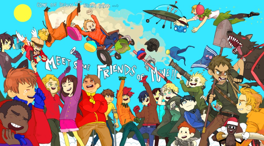 6+boys alien bebe_stevens black_hair blonde_hair blue_eyes brown_eyes brown_hair butters_stotch character_request chullo clyde_donovan craig_tucker damien damien_thorn darth_vader earflap_hat eric_cartman gloves green_eyes hat unworn_hat hat_throw unworn_headwear ike_broflovski jacket jimmy_valmer kenny_mccormick kevin_stoley kyle_broflovski butters_stotch lyrics middle_finger multiple_boys multiple_girls phillip_pirrup pip_(south_park) pip_pirrup red_hair south_park stan_marsh star_wars token_black towelie tweek_tweak wendy_testaburger wheelchair ze_mole