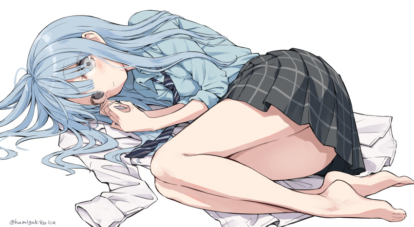 1girl absurdres bare_legs barefoot blue_hair blue_shirt closed_mouth collared_shirt diagonal-striped_clothes diagonal-striped_necktie feet grey_eyes hair_flowing_over hamigakikoice highres jacket legs long_hair long_sleeves lying necktie original plaid_clothes plaid_skirt pleated_skirt school_uniform shirt skirt solo striped_clothes toes twitter_username unworn_jacket white_jacket