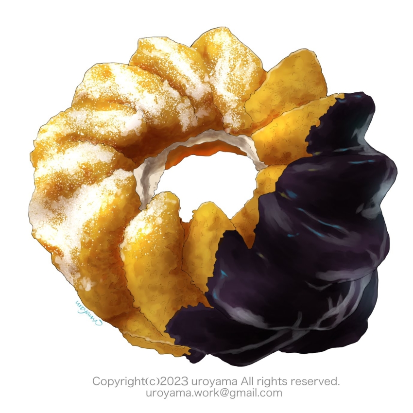 artist_name chocolate_icing copyright_notice donut email_address food food_focus highres icing no_humans original pastry simple_background still_life granulated_sugar uroyama_(macrophage) white_background