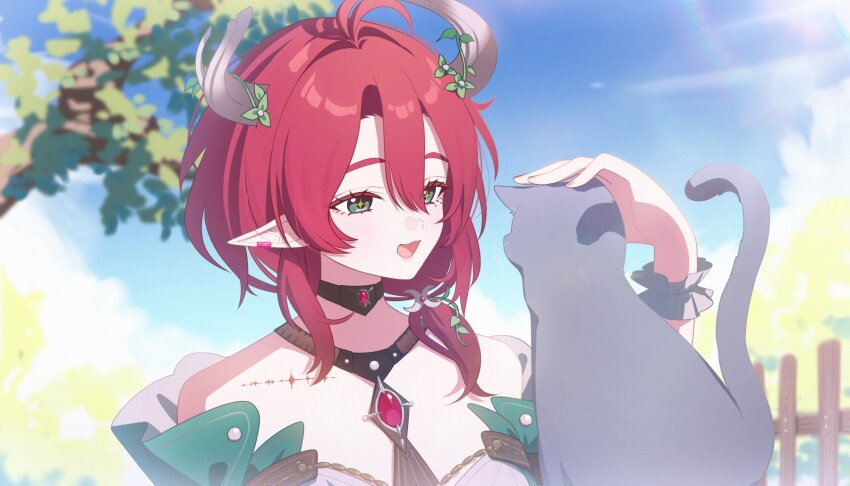 1girl ahoge bare_shoulders black_cat black_choker blue_sky blurry blurry_background cat choker ciaccona_(wuthering_waves) commentary_request day green_eyes hair_between_eyes highres horns kaerunrun open_mouth outdoors pointy_ears red_hair sky smile solo tacet_mark_(wuthering_waves) upper_body wuthering_waves