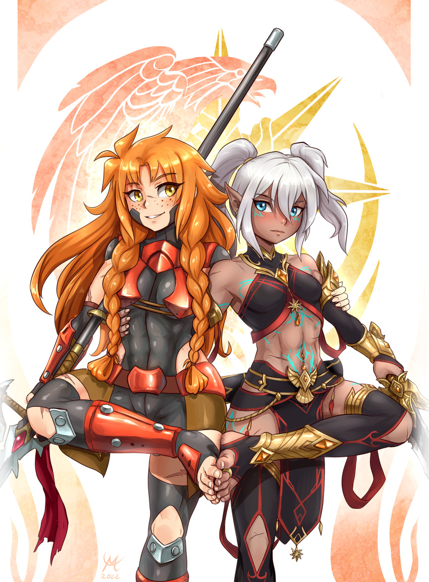 2022 2girls abs absurdres armlet armor bare_shoulders bird black_bodysuit blue_eyes blush body_markings bodysuit borrowed_character braid breasts chain commission crossover dark-skinned_female dark_elf dark_skin eagle earrings elf engraved engraved_armor expressionless facial_mark fantasy feet fingerless_gloves fingernails foot_focus footsies freckles gem gloves gold_armlet gold_armor gold_chain gold_earrings gold_ring gold_thighlet gold_trim hair_between_eyes hair_ornament hair_scrunchie hand_on_another&#039;s_arm hand_on_another&#039;s_waist highres hip_vent holding holding_polearm holding_sword holding_weapon interlocked_toes jewelry knee_cutout les_chevaucheurs lettanya lettanya_(maxa&#039;) light_blush logo long_bangs long_eyelashes long_hair looking_at_another markings maxa&#039; messy_hair midriff multiple_girls multiple_scars muscular muscular_female navel no_shoes non-web_source orange_gemstone orange_hair original phenice_walholl pointy_ears polearm red_armor red_gemstone red_hair red_trim revealing_clothes scar scar_on_face scar_on_knee scar_on_leg scar_on_nose scar_on_stomach scars_all_over scrunchie second-party_source shiny_skin signature small_breasts smile soles soles_together sparkling_eyes spear stirrup_legwear sword tan tassel thighlet toe_ring toeless_legwear toenails toes toned toned_female too_many twin_braids twintails weapon white_background white_hair yellow_eyes