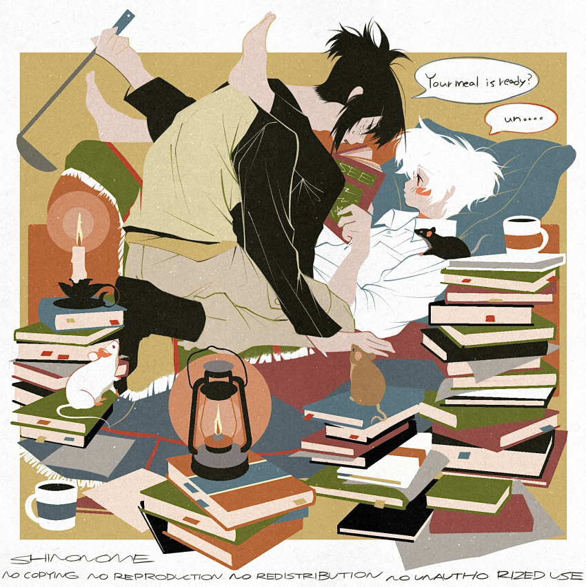 2boys animal animal_on_shoulder barefoot black_footwear black_hair blush blush_stickers book book_stack boots border candle coffee coffee_mug collared_shirt cup english_text eye_contact fire from_side full_body grey_pants hair_between_eyes highres holding holding_book lantern legs_on_another&#039;s_shoulders legs_up long_sleeves looking_at_another lying male_focus medium_hair mouse_(animal) mug multiple_boys nezumi_(no.6) no.6 on_back open_book pants pillow pocket ponytail raglan_sleeves red_eyes shino_bunnys shion_(no.6) shirt short_hair short_ponytail sitting sleeves_rolled_up speech_bubble talking white_border white_hair white_shirt yaoi yellow_shirt