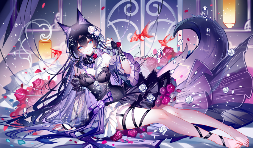 1girl animal_ears artist_name bare_legs bare_shoulders black_hair blue_eyes breasts dress flower fox_ears fox_tail hair_flower hair_ornament long_hair looking_at_viewer medium_breasts off-shoulder_dress off_shoulder original rose sheya signature sitting smile solo tail thighs very_long_hair white_flower white_rose