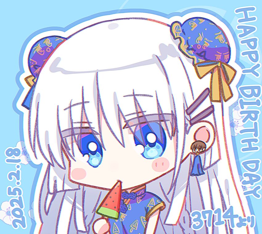 1girl 2025 alternate_costume alternate_hairstyle black_dress blue_background blue_eyes blunt_ends blush_stickers bright_pupils bun_cover character_ear_piercing chibi chibi_only china_dress chinese_clothes commentary_request commission dated double_bun dress eyes_visible_through_hair food food_in_mouth hair_behind_ear hair_between_eyes hair_bun hair_ornament hairclip happy_birthday highres holding holding_food holding_popsicle long_hair looking_at_viewer naruse_shiroha outline parallel_hairclips popsicle popsicle_in_mouth short_sleeves sidelocks simple_background solo straight_hair summer_pockets takahara_hairi upper_body watermelon_bar white_hair white_outline white_pupils zuzuhashi