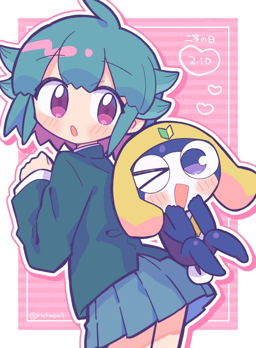 &gt;_o 1boy 1girl blue_hair dated grey_skirt highres keroro_gunsou long_sleeves looking_at_another nishizawa_momoka one_eye_closed open_mouth pink_eyes pleated_skirt purple_eyes richard_(richaball) short_hair shoshinsha_mark skirt tamama white_background