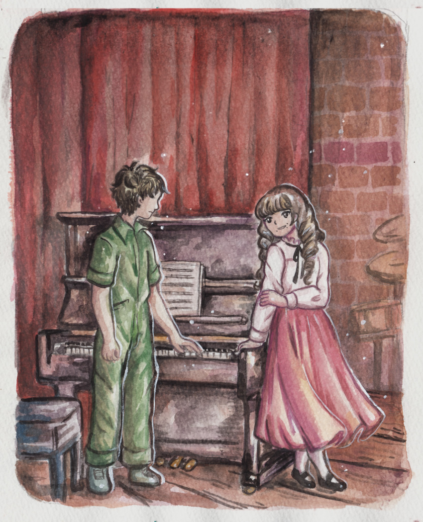 1boy 1girl absurdres black_eyes black_ribbon black_shoes brick_wall brown_hair commentary curtains drill_hair english_commentary eye_contact fear_&amp;_hunger_(series) fear_&amp;_hunger_2:_termina frilled_shirt_collar frills full_body green_jumpsuit grey_shoes hand_on_own_arm highres instrument jumpsuit leaning_on_object levi_(fear_&amp;_hunger) long_hair long_skirt long_sleeves looking_at_another marina_(fear_&amp;_hunger) mary_janes mouth_piercing neck_ribbon no_eyes painting_(medium) piano pink_skirt ribbon sheet_music shirt shoes short_hair skirt smile socks stage_curtains standing syaolaurant95 traditional_media twin_drills upright_piano watercolor_(medium) white_shirt white_socks