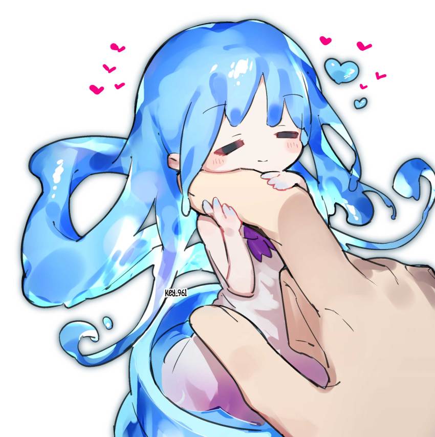 1boy 1girl absurdres blush closed_eyes dress heart highres hug key_961 liquid_hair merc_(merc_storia) merc_storia mini_person minigirl monster_girl purple_neckwear simple_background sleeveless sleeveless_dress slime_girl smile white_background white_dress