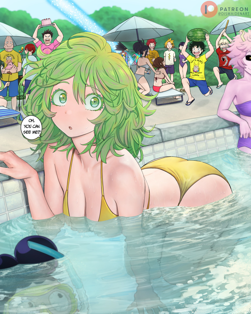 6+boys 6+girls :d absurdres all_might animal animal_head aoyama_yuga applying_sunscreen artist_name ashido_mina ass asui_tsuyu bakugou_katsuki beach_chair beach_umbrella bikini bird_boy black_hair black_sclera blonde_hair blue_shirt blue_shorts boku_no_hero_academia breasts brown_hair bush cake cleavage colored_sclera colored_skin commentary day dismaiden english_commentary english_text food frog_girl fruit goggles green_eyes green_hair grey_bikini hagakure_toru highres holding holding_animal holding_food holding_fruit holding_watermelon horns inflatable_flamingo jiro_kyoka kaminari_denki kirishima_eijirou koda_koji large_breasts laser medium_hair midoriya_izuku mineta_minoru multiple_boys multiple_girls nose_bubble one-piece_swimsuit open_mouth outdoors partially_submerged patreon_logo pig pink_hair pink_shirt pink_skin pool purple_bikini purple_one-piece_swimsuit purple_shorts red_bikini red_hair refraction sato_rikido sausage shirt shorts smile speech_bubble submerged swim_goggles swimsuit t-shirt teeth todoroki_shoto umbrella unusually_visible upper_teeth_only uraraka_ochako water watermark watermelon wet white_shirt yaoyorozu_momo yellow_bikini yellow_eyes yellow_shirt