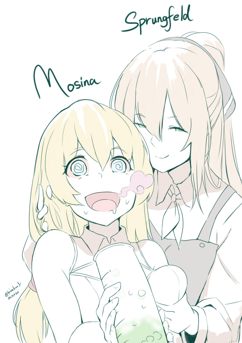 2girls @_@ apron behind_another blonde_hair blue_eyes bow breasts brown_bow bubble burp character_name closed_mouth collared_shirt commentary dated double-parted_bangs drooling english_commentary eyes_visible_through_hair fanged_bangs fingernails gas girls&#039;_frontline grabbing_another&#039;s_breast measuring_cylinder green_eyes groping hair_between_eyes hair_bow hair_tie hand_in_another&#039;s_hair hand_up highres holding_measuring_cylinder kion-kun light_brown_hair liquid long_bangs long_hair long_sleeves looking_at_another low-tied_long_hair medium_breasts mosin-nagant_(girls&#039;_frontline) mouth_drool multiple_girls neckerchief open_mouth partially_colored shirt sleeveless sleeveless_shirt smile springfield_(girls&#039;_frontline) sweat twitter_username typo upper_body white_background