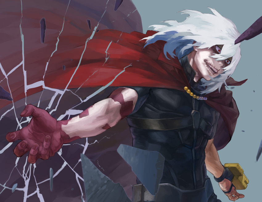 1boy absurdres beads black_bodysuit bodysuit boku_no_hero_academia cape clothing_request colored_skin commentary_request crack debris floating_cape floating_hair from_side hair_between_eyes hands_up highres injury blue_background looking_ahead male_focus medium_hair multicolored_skin open_mouth outstretched_arm partial_commentary pink_skin prosthetic_fingers red_cape red_eyes sanpaku scar scar_on_face scar_on_mouth shigaraki_tomura short_sleeves simple_background smile solo spoilers turtleneck turtleneck_bodysuit two-tone_skin upper_body white_hair wrinkled_fabric wrinkled_skin yomoyama_yotabanashi
