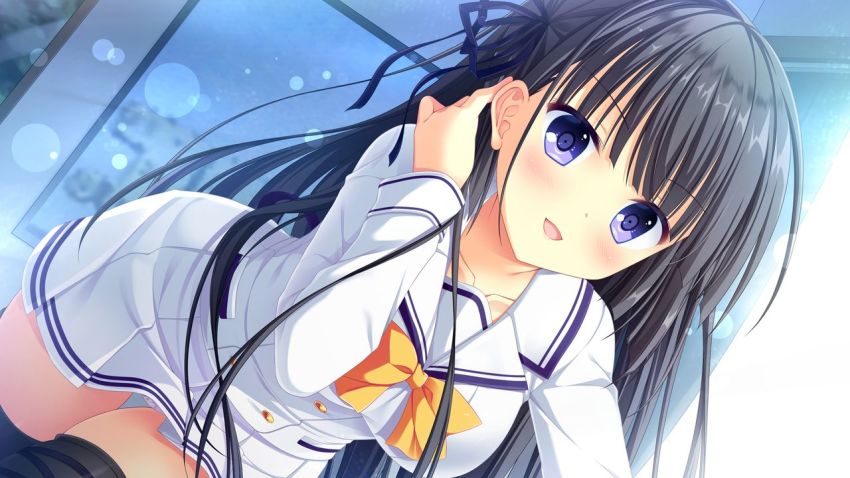 1girl :d adjusting_hair black_hair black_ribbon black_thighhighs blue_eyes blush bow bowtie collarbone collared_shirt da_capo da_capo_iv game_cg hair_ribbon long_hair long_sleeves miniskirt open_mouth panties pantyshot pleated_skirt ribbon sailor_collar sailor_shirt school_uniform shirt skirt smile solo thigh_gap thighhighs tokisaka_nino underwear very_long_hair white_panties white_sailor_collar white_shirt white_skirt yellow_bow yellow_bowtie zettai_ryouiki