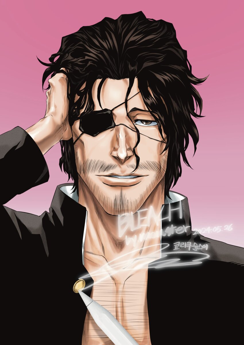 1boy absurdres artist_name beard black_jacket bleach brown_eyes brown_hair chest_hair collarbone copyright_name eyepatch facial_hair hair_between_eyes hand_in_own_hair highres jacket kyouraku_shunsui light_smile looking_at_viewer loose_hair_strand male_focus monster_art_(rlawnsgr7) parted_lips pencil pink_background portrait school_uniform solo