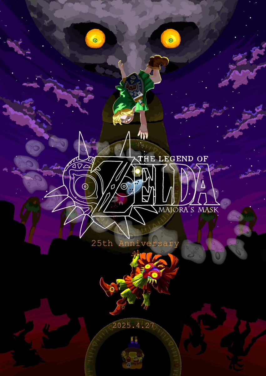 2025 anniversary beard belt blonde_hair boots clock clock_tower colored_sclera copyright_name english_text facial_hair fairy four_giants full_body glowing glowing_eyes goht green_eyes gyorg happy_mask_salesman hat highres instrument kokiri_sword link mask moon_(zelda) night night_sky nintendo ocarina odolwa outdoors outstretched_arm pointy_ears purple_background scabbard sheath shield shield_on_back silhouette skull_kid sky sword sword_on_back tael tatl the_legend_of_zelda the_legend_of_zelda:_majora&#039;s_mask tower tunic twinmold weapon weapon_on_back yellow_sclera