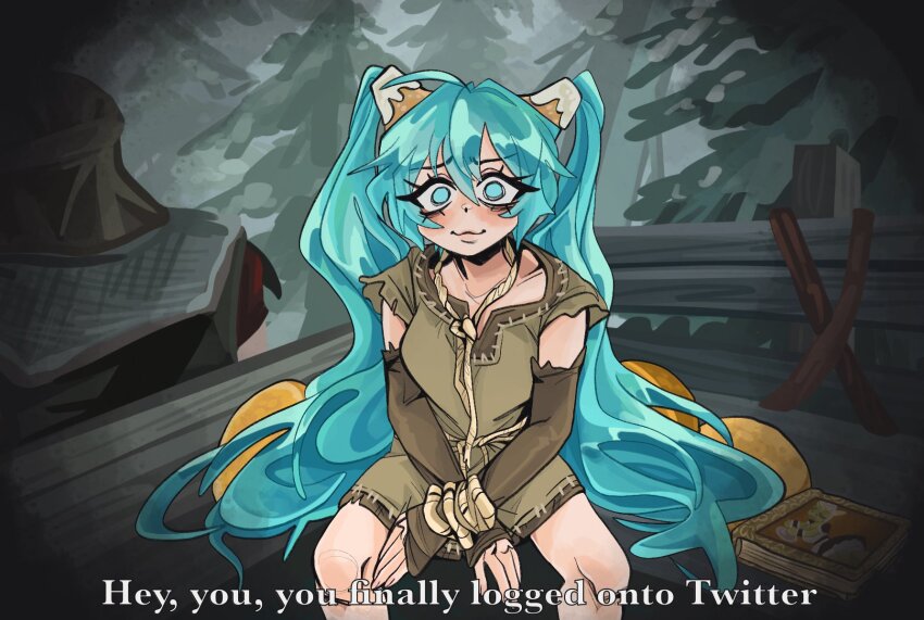 1boy 1girl :3 argonian bags_under_eyes blue_eyes blue_hair book bound bound_wrists bread brown_tunic closed_mouth commentary english_commentary english_text feet_out_of_frame food forest hair_between_eyes hatsune_miku highres kecchi0 lifts-her-tail long_hair looking_at_viewer meme nature sitting smile solo_focus sweet_roll the_elder_scrolls the_elder_scrolls_v:_skyrim tree tunic twintails very_long_hair vignetting vocaloid wagon you&#039;re_finally_awake_(meme)