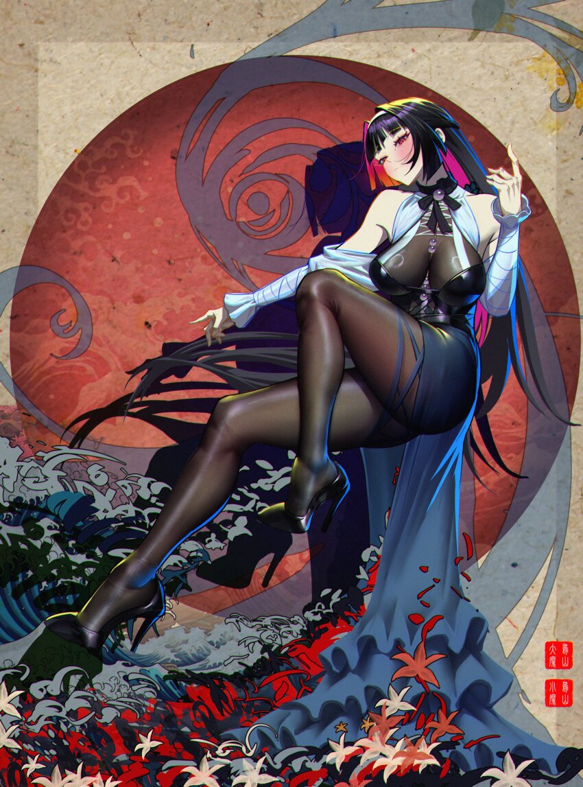 1girl absurdres astra_yao bare_shoulders beads black_hair black_pantyhose black_ribbon black_shoes black_skirt blush breasts chest_bow chromatic_aberration closed_mouth colored_inner_hair commentary_request detached_sleeves field flower flower_field frilled_sleeves frills hhhhhddd_audn high_heels highres index_finger_raised large_breasts long_hair mole moon multicolored_hair pantyhose red_eyes red_flower red_moon ribbon shadow shoes skirt solo waves white_flower white_sleeves zenless_zone_zero