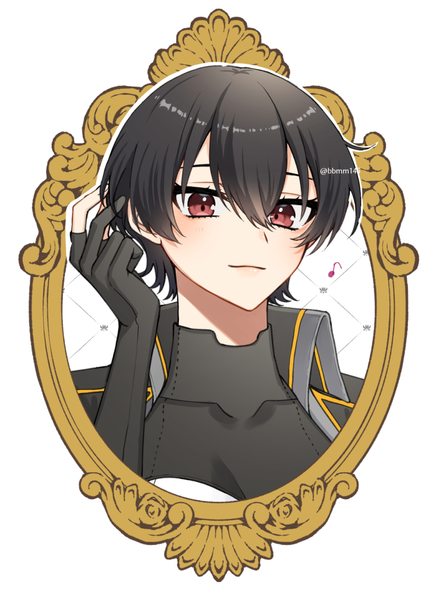 1girl alternate_hair_length alternate_hairstyle black_gloves black_hair blush breasts closed_mouth commentary gloves hair_between_eyes highres kantai_collection looking_at_viewer machi_(ritovoyage) musical_note nagato_(kancolle) nagato_kai_ni_(kancolle) partially_fingerless_gloves portrait red_eyes short_hair simple_background solo twitter_username white_background