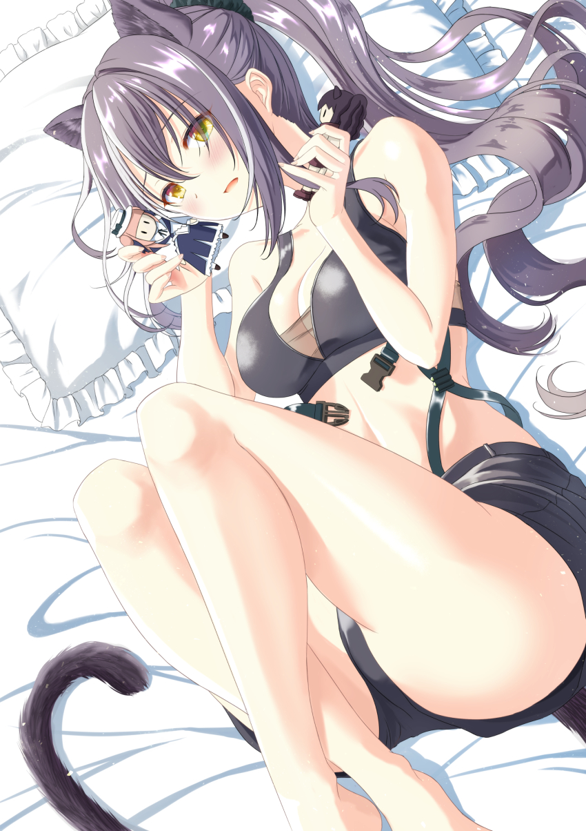 1girl animal_ears arknights bare_arms bare_legs bare_shoulders barefoot bed_sheet black_shorts blush breasts cat_ears cat_tail ceylon_(arknights) character_doll cleavage commentary_request crop_top doll female_focus hair_spread_out hands_up highres kagura_hiromu long_hair looking_at_viewer lying medium_breasts midriff open_mouth pillow ponytail schwarz_(arknights) short_shorts shorts sidelocks silver_hair sleeveless solo stomach tail thighs yellow_eyes