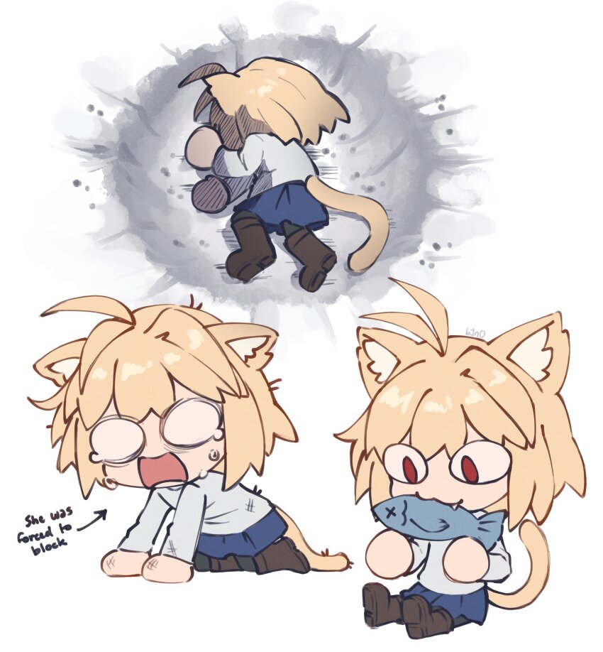 1girl :3 absurdres ahoge animal animal_ear_fluff animal_ears arrow_(symbol) b1n04 blonde_hair blue_skirt boots brown_footwear cat_ears cat_girl cat_tail chibi crater dragon_ball eating english_text fish full_body highres holding holding_animal holding_fish kneeling long_sleeves lying meme multiple_views neco-arc neco_spirit on_side open_mouth red_eyes short_hair simple_background sitting skirt smile sweater tail tsukihime white_background white_sweater yamcha_pose_(meme)