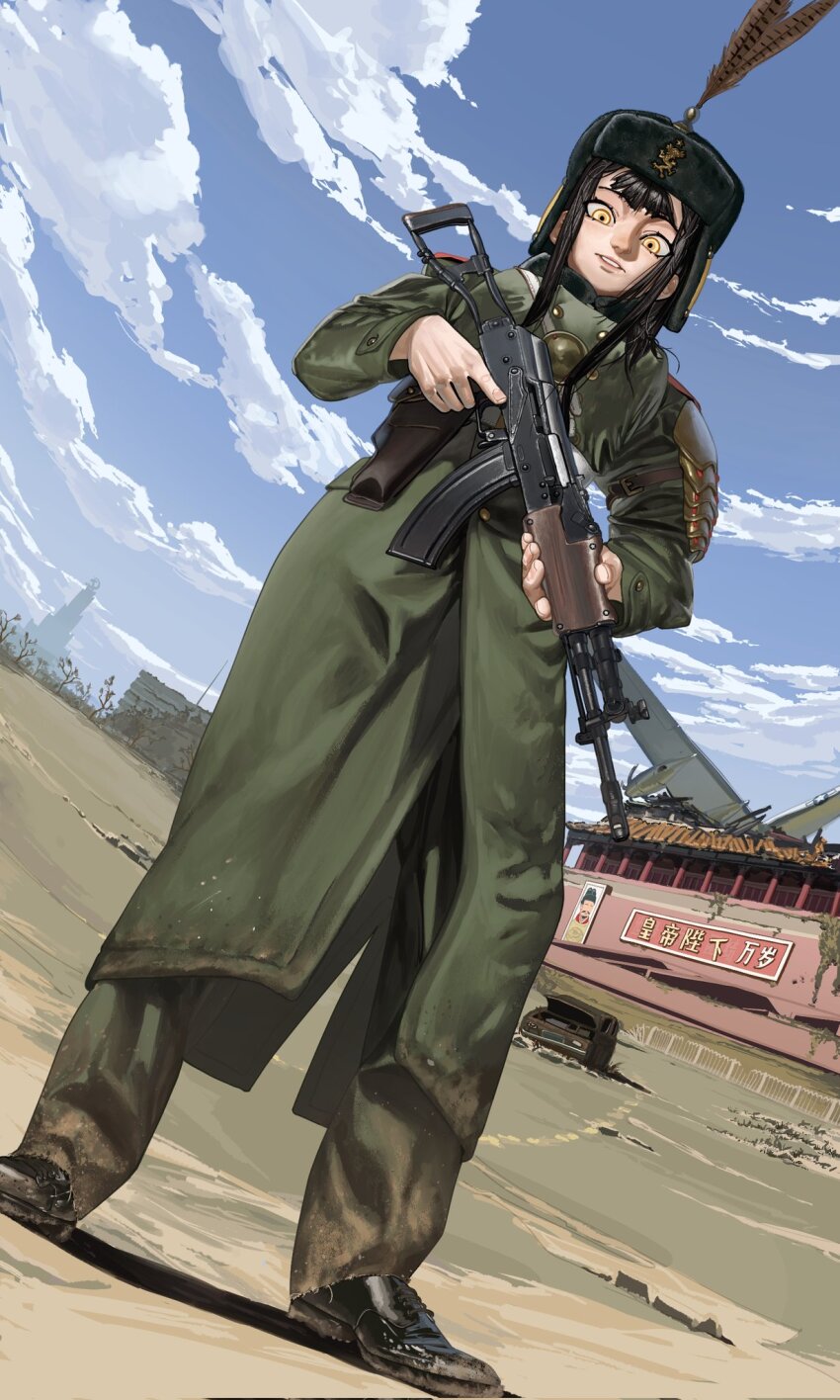 1girl abandoned aircraft airplane armor assault_rifle beijing belt black_footwear black_hair blue_sky blunt_bangs building buttons china chinese_text cloud coat commentary crash cross-laced_footwear day double-breasted fallout feathers fingernails full_body fur_hat fur_trim green_coat green_pants gun hat hat_feather hat_ornament highres holding holding_gun holding_weapon holster long_hair long_sleeves looking_at_viewer magazine_(weapon) military_coat outdoors pants post-apocalypse pzkpfwi rerebrace rifle ruins scenery shadow shoulder_boards sidelocks sky solo standing teeth trigger_discipline uniform ushanka weapon weapon_request white_belt wreckage yellow_eyes