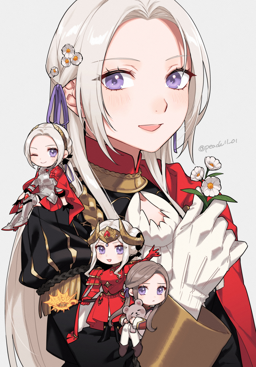 armor armored_dress axe aymr_(fire_emblem) cape chibi double_bun dress edelgard_von_hresvelg edelgard_von_hresvelg_(timeskip) fake_horns fire_emblem fire_emblem:_three_houses fire_emblem_warriors:_three_hopes flower garreg_mach_monastery_uniform hair_bun highres holding holding_axe horned_headwear horned_tiara horns multiple_persona nintendo official_alternate_costume official_alternate_hairstyle purple_eyes purple_ribbon red_cape red_flower ribbon shamu_(peach11_01) smile stuffed_animal stuffed_toy teddy_bear tiara white_hair