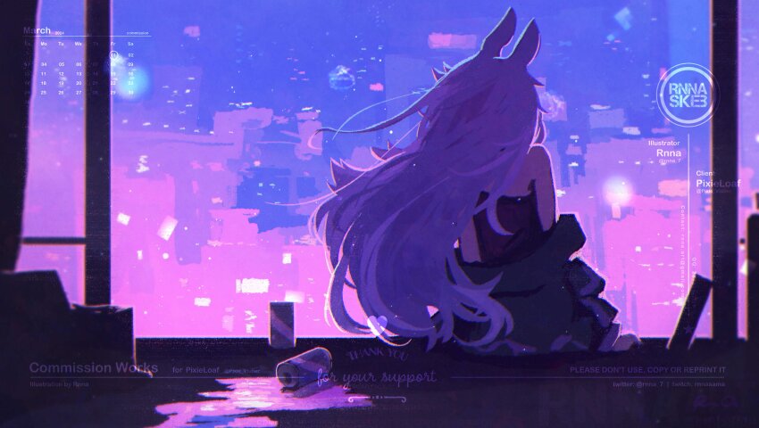 1girl absurdres animal_ears artist_name bare_shoulders beer_can black_jacket can cityscape commission commissioner_name dated drink_can from_behind highres jacket long_hair night night_sky off_shoulder original rnna sitting sky solo upper_body very_long_hair white_hair