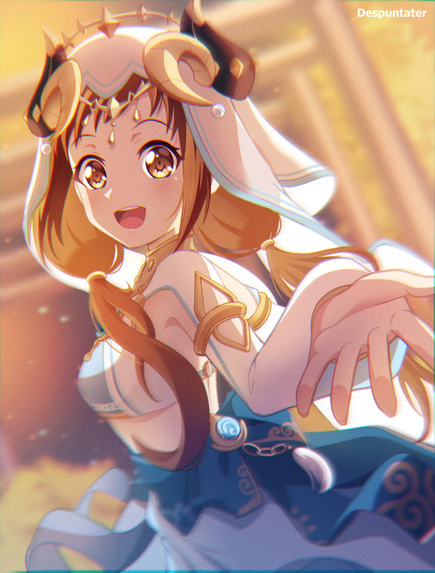 1girl :d alternate_hair_length alternate_hairstyle armpit_cutout bang_dream! breasts brown_eyes brown_hair clothing_cutout commentary cosplay cowboy_shot crop_top despuntater english_commentary genshin_impact gold_choker harem_outfit hazawa_tsugumi highres jewelry kanemoto_hisako long_hair long_sleeves looking_at_viewer medium_breasts midriff nilou_(genshin_impact) nilou_(genshin_impact)_(cosplay) open_mouth outstretched_hand puffy_long_sleeves puffy_sleeves reaching reaching_towards_viewer sidelocks smile solo standing teeth upper_teeth_only vision_(genshin_impact) voice_actor_connection white_headdress