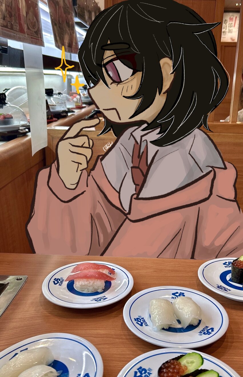 1girl black_hair bonkura. breasts commentary conveyor_belt_sushi cucumber cucumber_slice dress_shirt drooling fish_(food) food highres ikura_(food) jacket jacket_partially_removed looking_at_object medium_breasts mouth_drool necktie original pink_eyes pink_jacket plate pov red_necktie restaurant shirt short_hair short_twintails solo sparkle sushi symbol-only_commentary thinking twintails