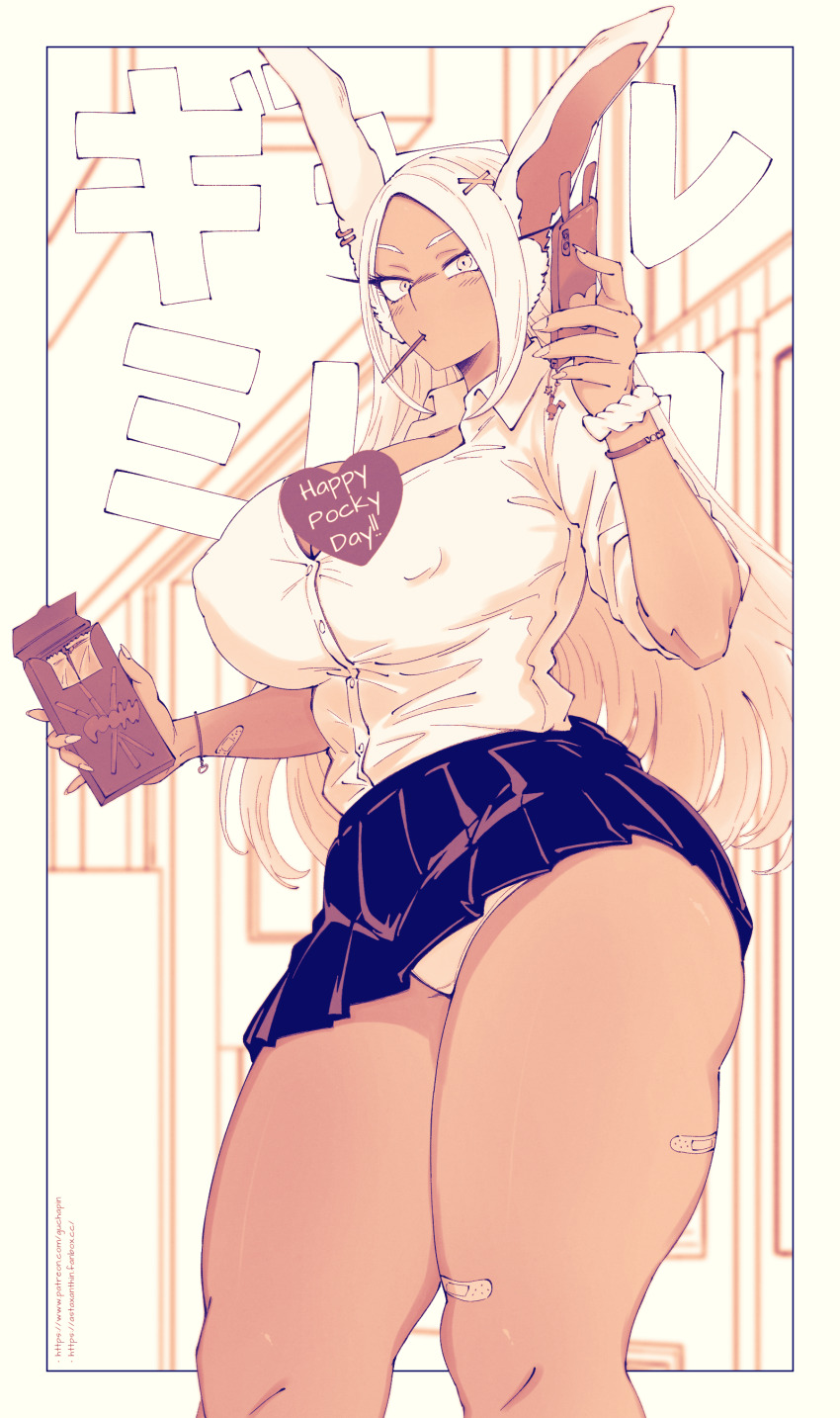 1girl absurdres animal_ears bandaid bandaid_on_leg bandaid_on_wrist blue_skirt blush boku_no_hero_academia bracelet breasts cellphone cellphone_charm charm_(object) collared_shirt commentary covered_erect_nipples dark-skinned_female dark_skin ear_piercing english_commentary english_text fanbox_username fingernails food food_in_mouth frilled_skirt frills guchapin hair_ornament highres holding holding_food holding_phone holding_pocky jewelry large_breasts long_eyelashes long_hair looking_at_viewer microskirt mirko panties pantyshot parted_bangs patreon_username phone piercing pleated_skirt pocky pocky_day pocky_in_mouth rabbit_ears rabbit_girl scrunchie shirt shirt_tucked_in skirt sleeves_rolled_up smartphone solo thick_thighs thighs underwear very_long_hair watermark web_address white_hair white_panties white_shirt wrist_scrunchie wrist_straps x_hair_ornament