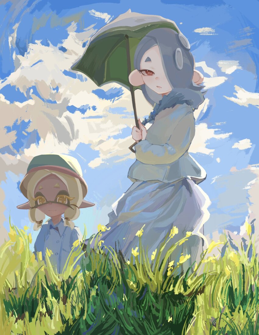 2girls blonde_hair blue_hair blue_sky cephalopod_eyes closed_mouth collared_shirt colored_eyelashes commentary_request fine_art_parody frye_(splatoon) hair_over_one_eye highres holding holding_umbrella inkling long_hair looking_at_viewer multiple_girls nintendo octoling on_grass open_mouth outdoors parody pointy_ears red_eyes shirt shiver_(splatoon) short_eyebrows sky splatoon_(series) splatoon_3 standing tentacle_hair thick_eyebrows umbrella woman_with_a_parasol yellow_eyes yuyumo296809
