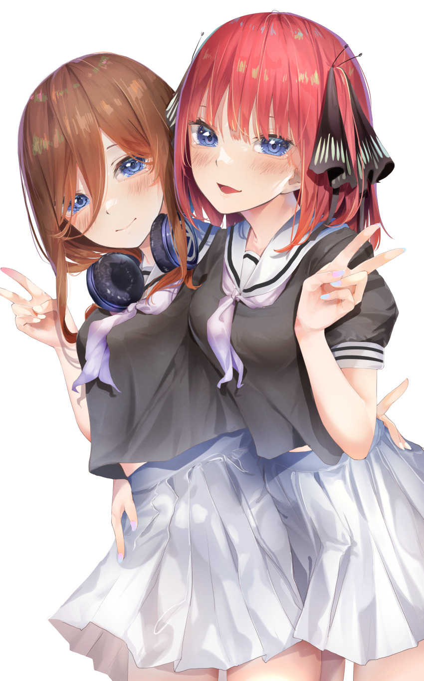 2girls absurdres black_bow black_shirt blue_eyes blush bow brown_hair go-toubun_no_hanayome hair_between_eyes hair_bow headphones headphones_around_neck highres medium_hair multiple_girls nail_polish nakano_miku nakano_nino neckerchief pink_hair pleated_skirt purple_neckerchief sailor_collar shirt short_sleeves siblings simple_background sisters skirt smile standing v white_background white_sailor_collar white_skirt yuunamida_uyu