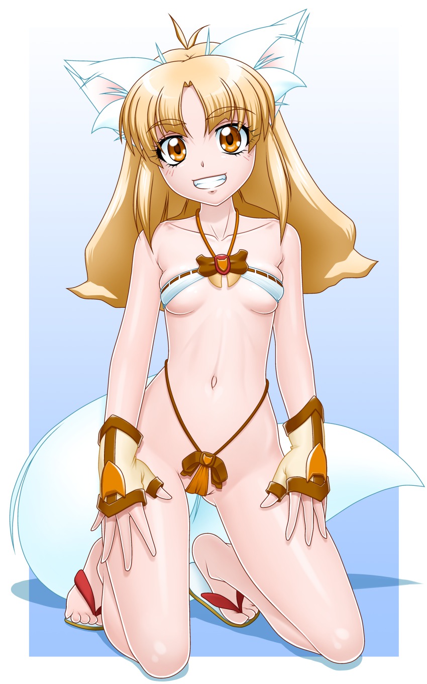 1girl absurdres animal_ears bikini blonde_hair breasts delica female_focus fingerless_gloves flip-flops fox_ears fox_girl fox_tail gloves gradient_background hands_on_legs highres hip_bones kneeling long_hair looking_at_viewer micro_bikini navel sandals simple_background skindentation small_breasts smile solo spread_fingers swimsuit tail underboob wavy_hair yellow_eyes