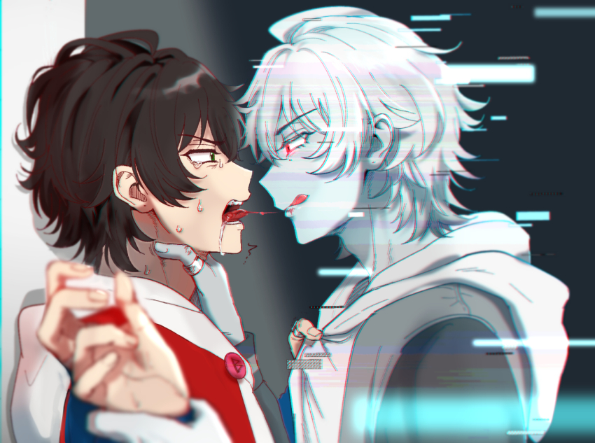 2boys :q adam&#039;s_apple after_kiss against_wall ahoge black_hair blood blood_in_mouth blood_on_mouth blood_on_tongue clothes_grab colored_skin crying crying_with_eyes_open dark_persona digital_dissolve disgust drooling dual_persona eye_contact faceoff glaring glitch green_eyes grey_skin hair_between_eyes hand_on_another&#039;s_neck holding_another&#039;s_wrist hood hoodie hypnosis_mic jacket_over_hoodie licking_lips looking_at_another male_focus mole mole_under_eye multiple_boys nbnekochan open_mouth piercing_hole portrait red_eyes saliva saliva_trail selfcest shirt_grab short_hair sweat tears thumb_ring tongue tongue_out twitching v-shaped_eyebrows white_hair yamada_ichiro yaoi