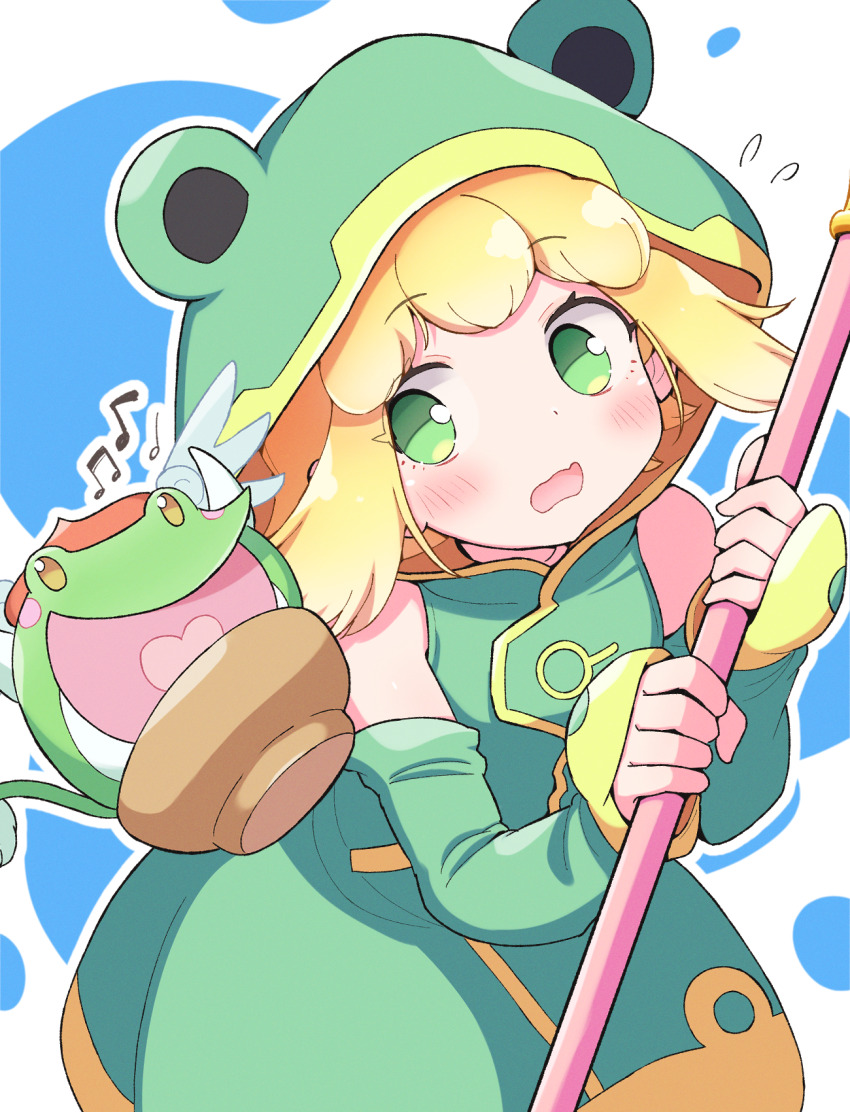 1girl amitie_(kinomoto_sakura)_(puyopuyo) amitie_(puyopuyo) animal_hood bare_shoulders blonde_hair blue_background cowboy_shot detached_sleeves donguri_gaeru double-parted_bangs dress flying_sweatdrops frog frog_hood from_above green_dress green_eyes green_sleeves hands_up highres holding holding_staff hood hood_up jazz_grace lidelle_(puyopuyo) light_blush looking_at_another looking_to_the_side musical_note no_pupils official_alternate_costume open_mouth outline puyopuyo puyopuyo_quest raised_eyebrows sideways_glance sleeve_cuffs sleeves_past_wrists solo staff two-handed two-tone_background wavy_mouth white_background white_outline yellow_trim
