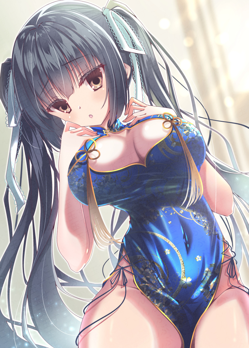 1girl :o absurdres alternate_costume black_hair blue_dress blunt_bangs blush breast_suppress breasts brown_eyes china_dress chinese_clothes cleavage cleavage_cutout clothing_cutout commentary_request covered_navel cowboy_shot dress dutch_angle eyes_visible_through_hair floral_print floral_print_dress groin hair_ribbon hands_up head_tilt highres hip_vent honma_misuzu lace lace-trimmed_ribbon lace_trim large_breasts long_hair looking_at_viewer open_mouth pelvic_curtain print_dress ribbon sakura_no_toki sakura_no_uta sidelocks solo straight_hair sukonbu385 twintails very_long_hair white_ribbon