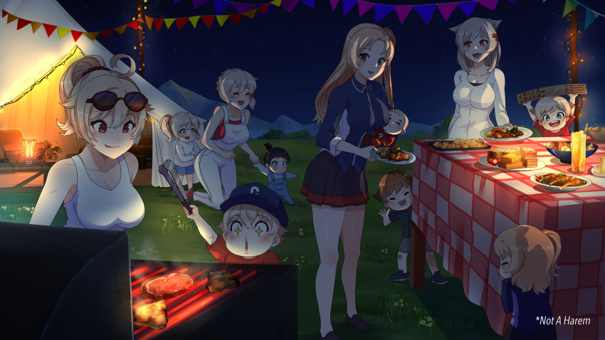 +_+ 5boys 6+girls absurdres ahoge alternate_breast_size alternate_costume alternate_hair_length alternate_hairstyle arms_up aunt_and_nephew aunt_and_niece azur_lane baby bandaid bandaid_on_knee bandaid_on_leg baseball_cap black_footwear black_hair black_shirt black_skirt blonde_hair blowing_raspberry blue_eyes blue_jacket blue_overalls blue_shirt blue_shorts blush box brother_and_sister brothers canned_sardines cardigan carrot carrying_baby carrying_person chair chicken_(food) child cleveland_(azur_lane) closed_eyes closed_mouth columbia_(azur_lane) commentary commission cooking cousins cup denver_(azur_lane) drinking_glass english_commentary english_text eyewear_on_head food full_body gelatin grass grey_hair grey_shorts grill grilling hair_flaps hair_ornament hairband hat hiding hiding_behind_another high_ponytail highres holding holding_box holding_plate jacket jewelry kneeling lantern lemonade licking_lips long_hair long_sleeves meat medium_hair montpelier_(azur_lane) mother_and_daughter mother_and_son mountainous_horizon multiple_boys multiple_girls night night_sky one_side_up open_mouth outdoors overalls pajamas parted_bangs pennant picnic pink_eyes pizza_box plant plate playing pleated_skirt ponytail red_eyes red_footwear red_hair red_hairband red_pajamas red_shirt red_trim ring salad sandwich second-party_source shirt shirt_under_shirt shoes short_hair short_sleeves shorts siblings skirt sky sleeping smile smoke star_(sky) starry_sky steak sunglasses table tablecloth tank_top tent thighs toddler tomato tongue tongue_out tree twins utensil vegetable walking wedding_ring white_cardigan white_overalls white_shirt white_tank_top