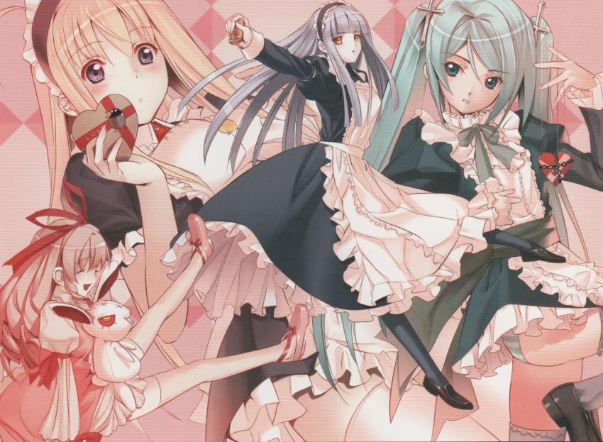 4girls anna_(gekkou_no_carnevale) blonde_hair blush closed_eyes color_halftone cross dress frills gekkou_no_carnevale green_eyes green_hair grey_hair hair_ornament hair_ribbon happy heart highres iris_(gekkou_no_carnevale) long_hair lunaria maid maid_headdress multiple_girls oosaki_shin&#039;ya panties pantyhose perla pink_hair purple_eyes rabbit ribbon striped_clothes striped_panties stuffed_animal stuffed_toy thighhighs twintails underwear yellow_eyes