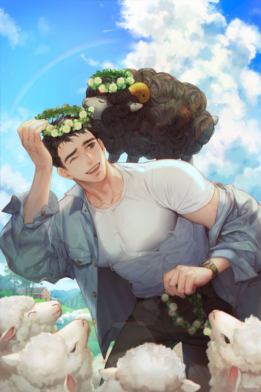 &gt;_o 1boy animal bara black_hair black_pants black_sheep cloud day flower_wreath grey_jacket head_wreath highres holding jacket large_pectorals male_focus muscular muscular_male off_shoulder one_eye_closed open_clothes open_jacket original outdoors pants pectorals rainbow sheep shirt short_hair sky smile ssong-ga watch white_shirt wristwatch