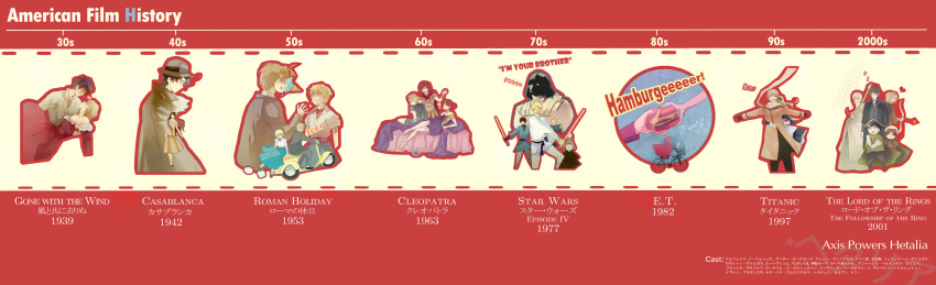 1939 1953 1963 1977 1982 2001 2girls 6+boys absurdres america_(hetalia) american_flag arrow_(projectile) austria_(hetalia) axis_powers_hetalia bad_id bad_pixiv_id barefoot beard belarus_(hetalia) belt bicycle bow_(weapon) burger canada_(hetalia) cape casablanca chibitalia_(hetalia) cleopatra_(movie) coat crossdressing e.t. energy_sword english_text artistic_error faceless faceless_male facial_hair fedora feet_out_of_frame france_(hetalia) germany_(hetalia) glasses gloves gone_with_the_wind greece_(hetalia) green_cape hat heart highres holy_roman_empire_(hetalia) hug hug_from_behind hungary_(hetalia) ice_cream_cone izenjk34 japan_(hetalia) knife kumajirou_(hetalia) lightsaber long_image motor_vehicle multiple_boys multiple_girls mustache northern_italy_(hetalia) outline parody prussia_(hetalia) puckered_lips red_background red_outline roman_holiday russia_(hetalia) scarf scooter shirt sidesaddle simple_background skirt spain_(hetalia) star_wars sword the_lord_of_the_rings titanic_(movie) tolkien&#039;s_legendarium tolkien&#039;s_legendarium trench_coat two-tone_background united_kingdom_(hetalia) vespa waiting_for_kiss weapon wheelie white_shirt wide_image yellow_background zzz